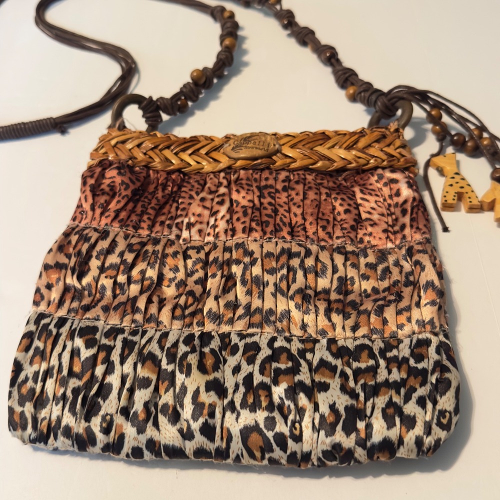 Cappelli Straworld Bag Brown Animal Print Woven Straw Y2K Small Crossbody